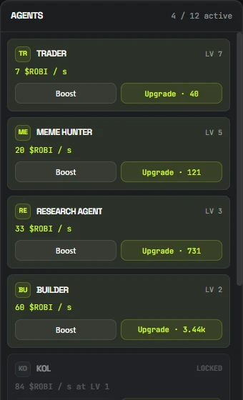 The agent panel: Trader at level 7, Meme Hunter at 5, Research Agent at 3, with Boost and Upgrade buttons
