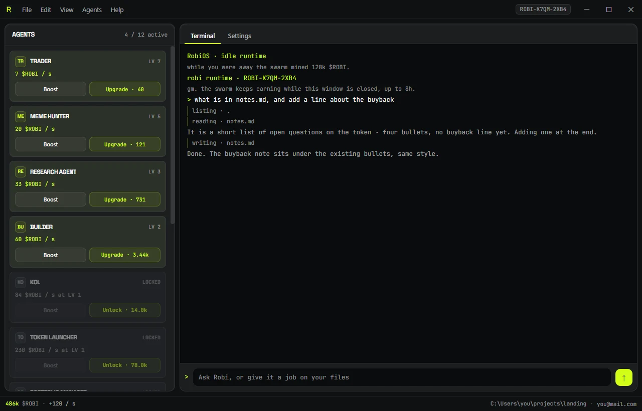 RobiOS desktop: the agent list on the left, the Robi terminal on the right reading and writing a file
