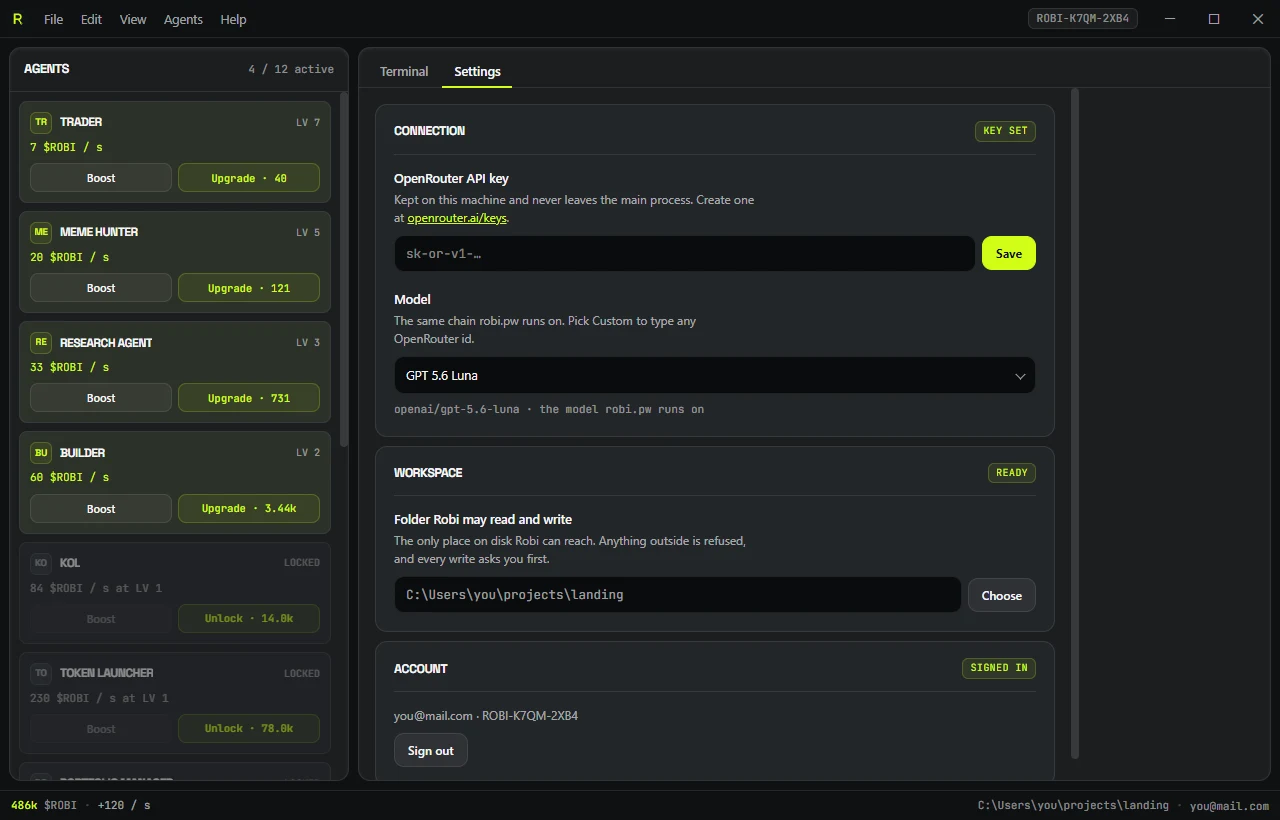Settings: the OpenRouter key field, the model picker, and the workspace folder
