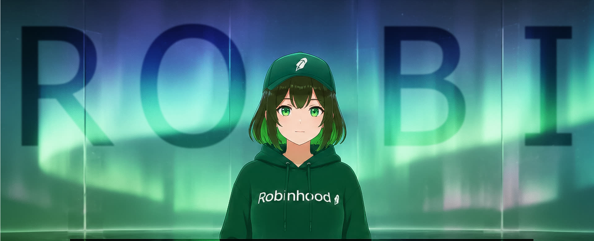 Robi: AI agent mascot in a green Robinhood hoodie, standing in the aurora hall